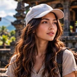 Portrait of Emma, a fictional travel host in a white cap and beige shirt