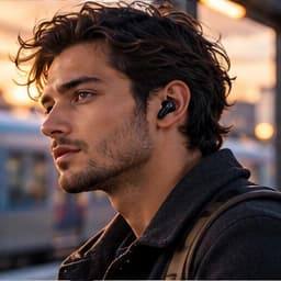 Portrait of Leo, a fictional city explorer with wavy dark hair on a station platform