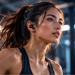 Portrait of Maya, a fictional fitness coach with a dark ponytail and earbuds