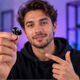 Portrait of Alex, a fictional tech reviewer in a black hoodie holding an earbud