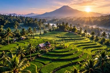 Green rice terraces at sunrise with a volcano on the horizon