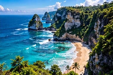 Turquoise water and a white-sand cove under tall green cliffs