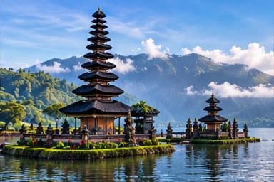 A tiered temple on the edge of a lake with mountains behind
