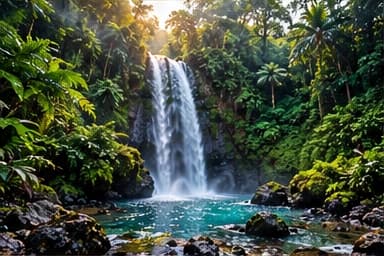 A jungle waterfall pouring into a clear pool