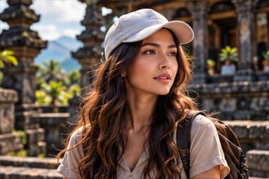 A young woman in a white cap and beige shirt in front of a carved stone temple gate