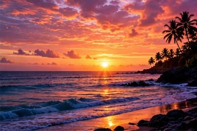 Sunset over the sea with palm trees silhouetted on the shore