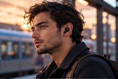 A commuter on a station platform wearing a wireless earbud