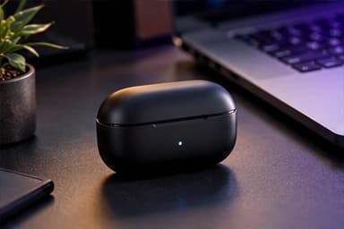 A closed black charging case on a dark desk beside a laptop