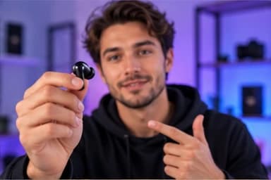 A man in a black hoodie holds a wireless earbud up to the camera and points at it