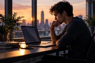 A man at a desk at dusk, chin in hand, a laptop open and the city lit up outside