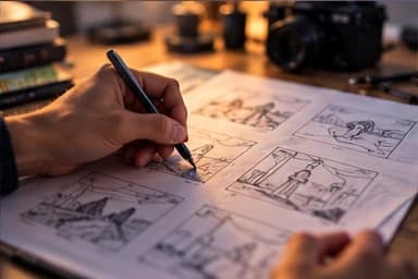 A hand sketching rough storyboard frames in a notebook
