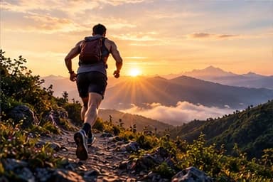 A runner on a mountain trail heading towards the sunrise