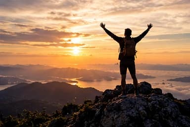 A hiker on a summit with arms raised as the sun comes up