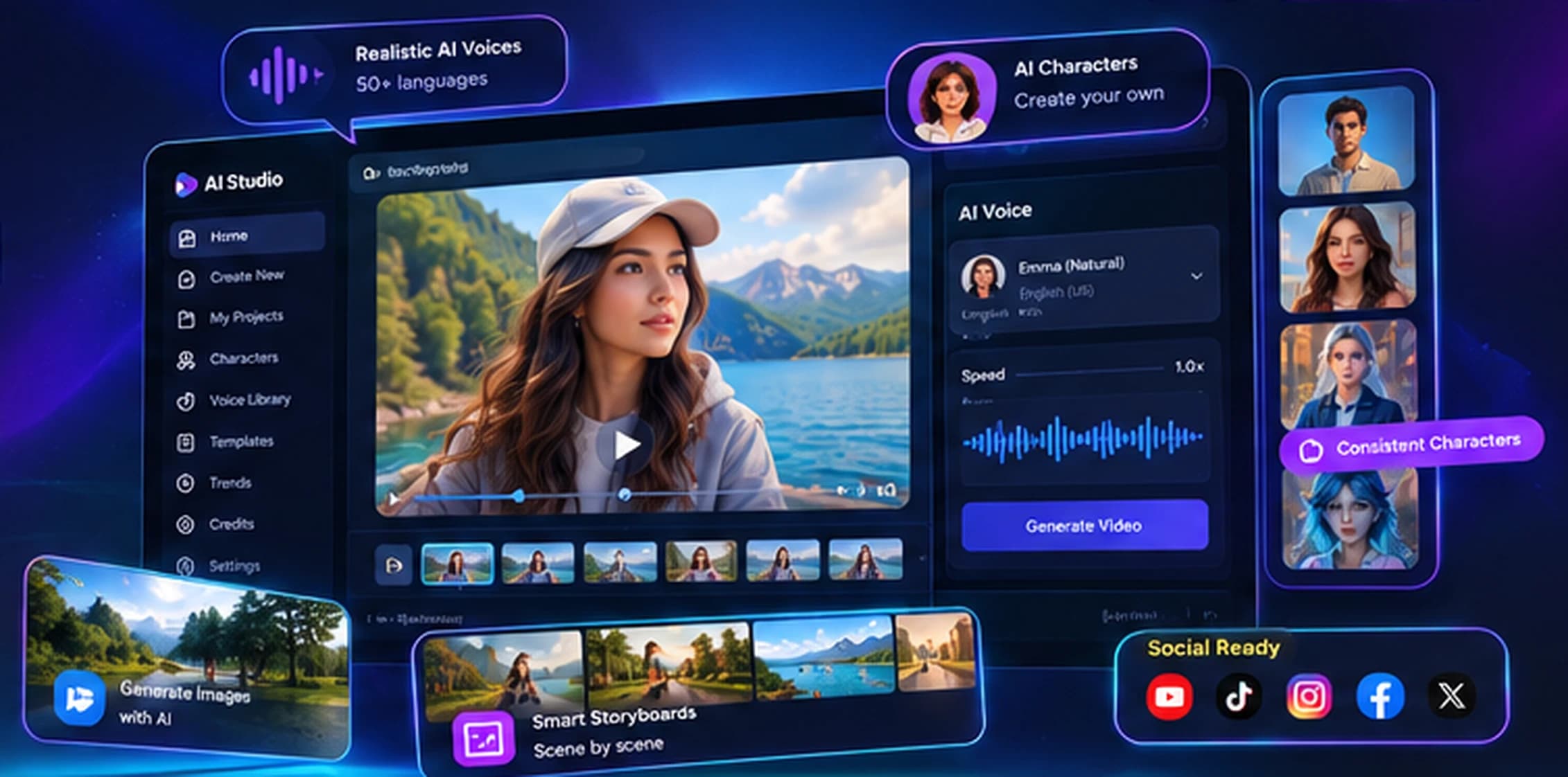 AIStudio editor: a scene with a presenter, AI voice settings, character cards and a storyboard strip