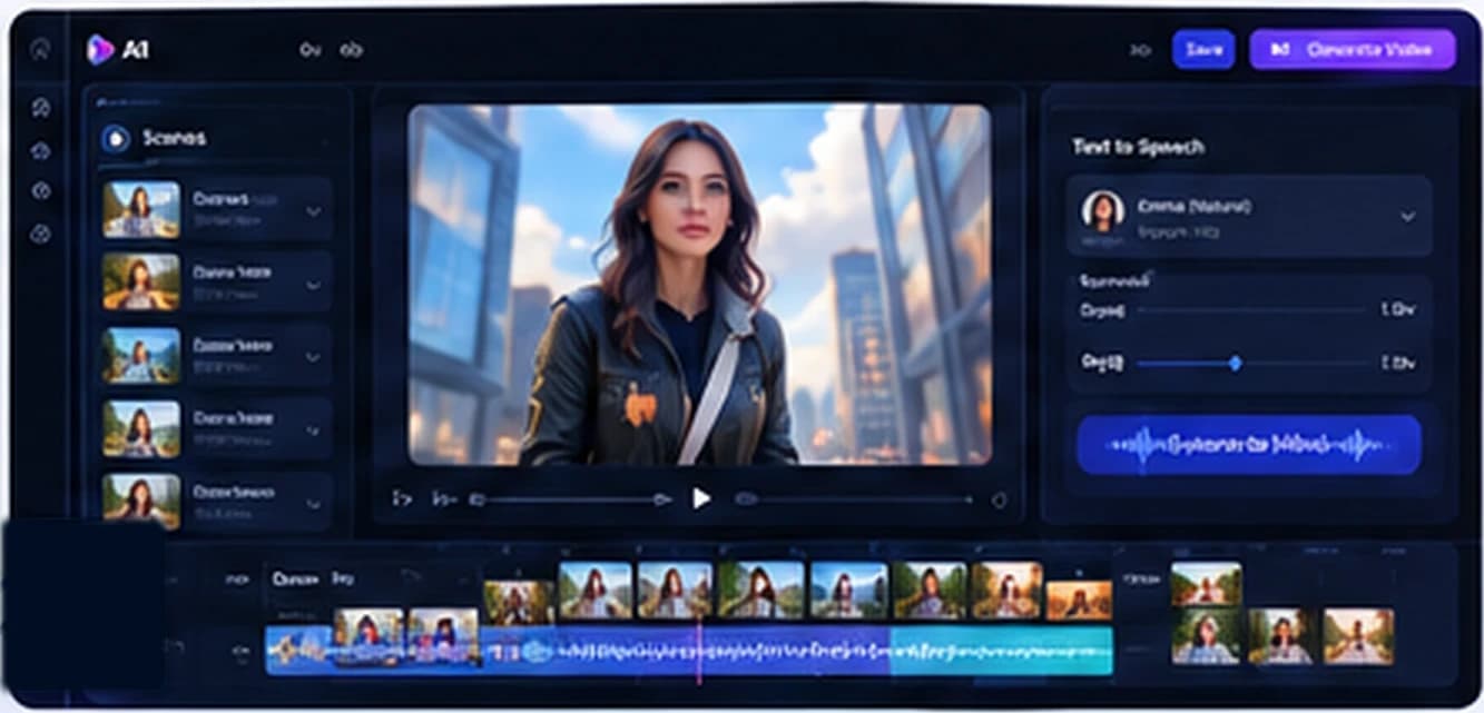 AIStudio storyboard editor: scene list, video preview, text-to-speech settings and timeline